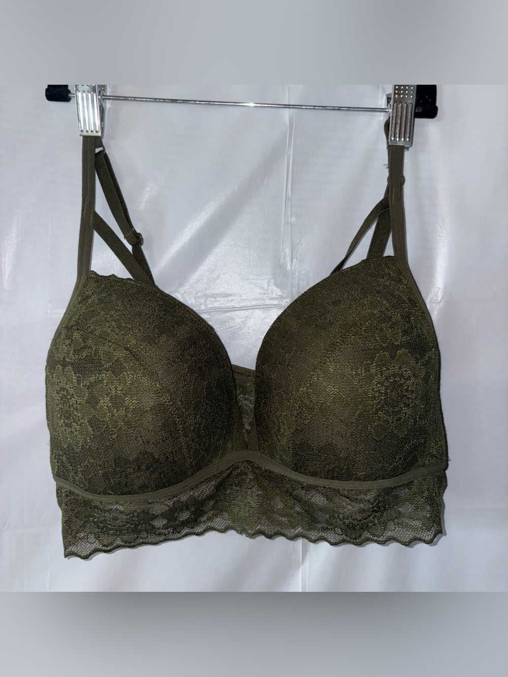 Victoria Secret PINK Bra Bralette Large Green Lace Sexy Lightly Lined Strappy